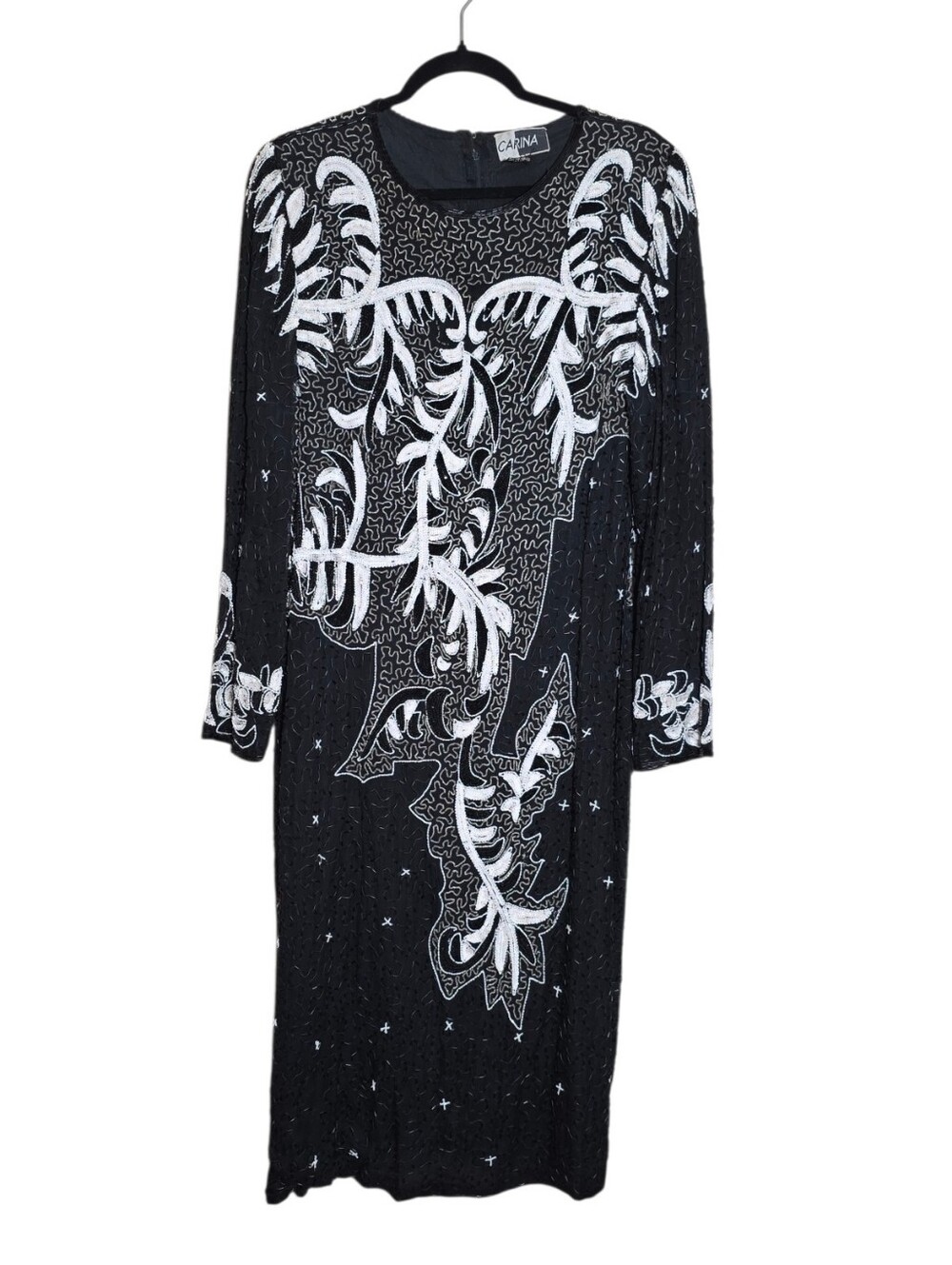 Vintage Beaded Dress XL Pure Silk Black White Long Sleeve